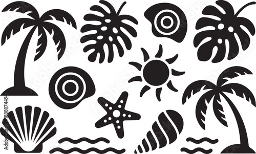 Tropical summer elements collection with palm tree shells and sun vector illustration