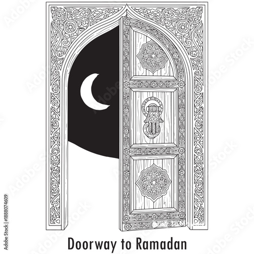 "Ramadan Coloring Page Vector Illustration: Islamic Prayer Rug, Holy Quran Book, and Prayer Beads Line Art for Muslim Kids Education and Activity"