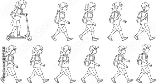Kids, walking, school, student, backpack, vector, illustration, children, boy, girl, line, art, cartoon, design, outline, education, character, set, template