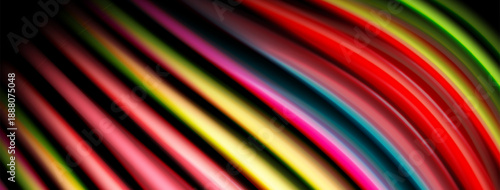 Colorful lines curve, creating abstract pattern. Bright hues blend into dark background. Dynamic composition evokes energy, movement.
