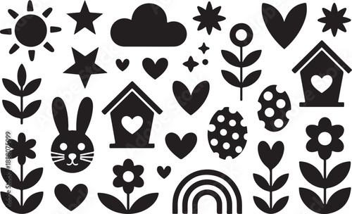 Set Spring Time Decorative Elements with Silhouettes of Animals Plants and Various Abstract Shapes