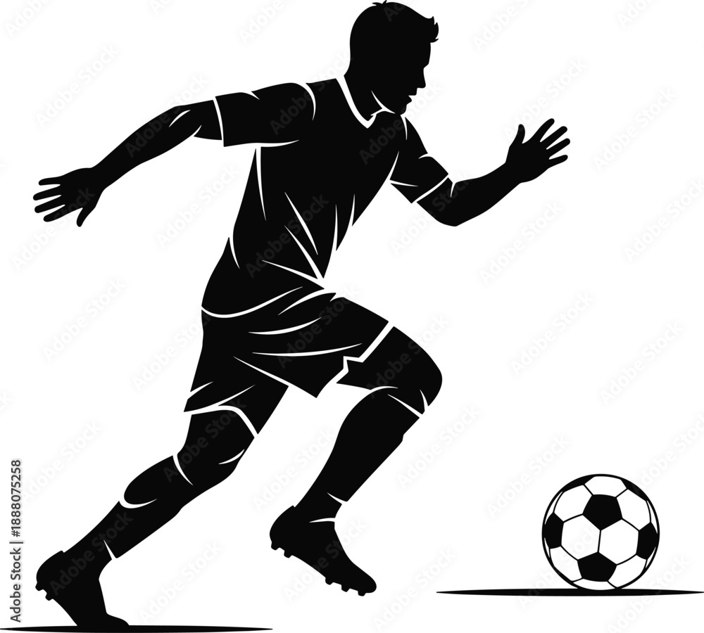 Naklejka premium Black silhouette of soccer player chasing ball in motion with uniform and cleats in minimal vector style for sports and athletic design themes.