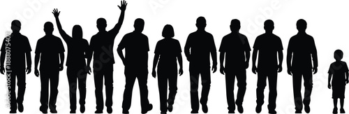 Set of diverse people silhouettes walking and waving, group of men women and child figures isolated on white background, community