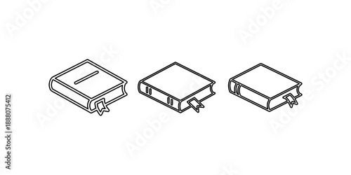 Set of three isometric line art vector icons representing different books with bookmarks and a book with a slit on cover isolated on white background