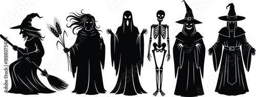 Black Halloween silhouette collection featuring spooky witch on broomstick, grim reaper, haunting ghost, tall skeleton, and hooded wizards for festive designs.