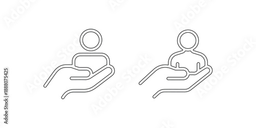 Hand holding or supporting outline icon of human figure representing care support or protection concept