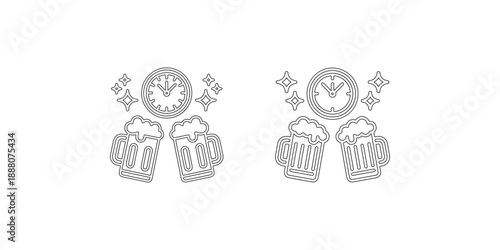 Beer mugs with clock and stars vector icon isolated on white background, happy hour illustration, celebration outline icon with drinks