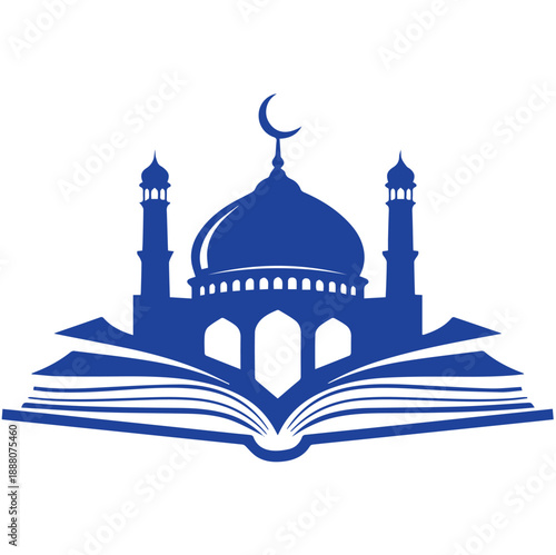 Panoramic blue silhouette of an Islamic mosque rising from an open holy book.