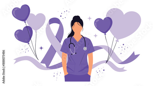 Female doctor with stethoscope holding purple heart balloons for healthcare awareness and support