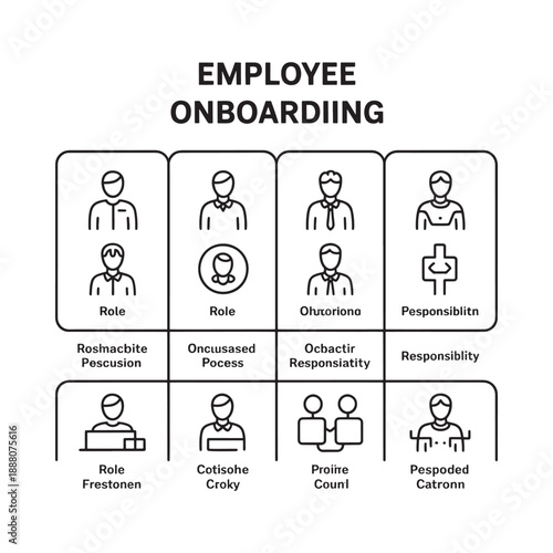 Employee onboarding process illustrated with icons representing roles objectives and responsibilities