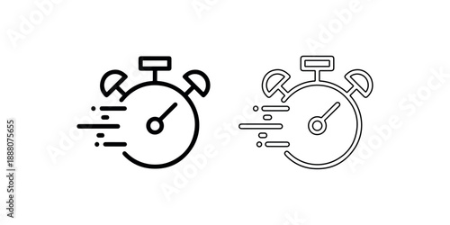 Speedometer with speed lines and alarm bells icon fast stopwatch timer symbol for speed performance and quickness or deadline isolated on white background