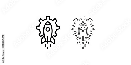 Rocket ship in gear icon launch symbol for startup project growth and speed business or innovation concept isolated on white background