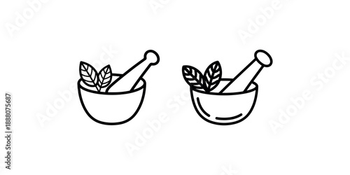 Mortar and pestle with leaves icon herb grinder symbol for pharmacy natural medicine or spa and wellness concept isolated on white background