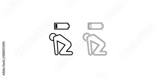Person in a low position with battery indicator above, symbolizing exhaustion or low energy, vector illustration