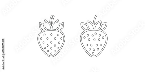 Pair of identical strawberry fruit icons depicted with seeds and leaves in thin line art style