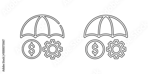 Assortment of insurance or finance protection concept icons featuring umbrella covering dollar and gear