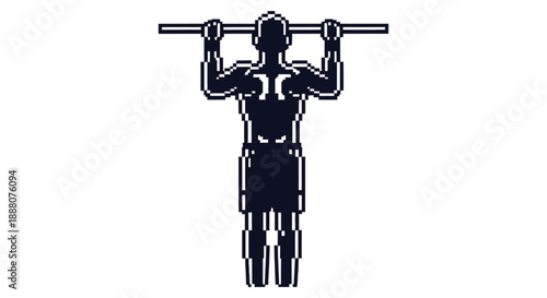 pixel art pull up exercise by a determined athlete on a horizontal bar a retro 8-bit style graphic for health and fitness applications.