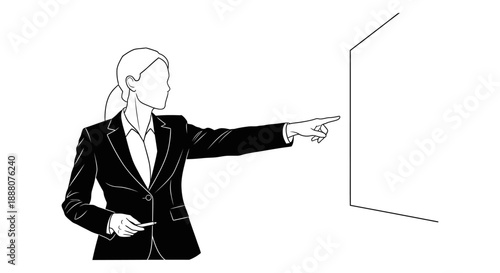 business woman pointing at interactive presentation screen with stylus illustrating concepts for corporate training and strategic planning.