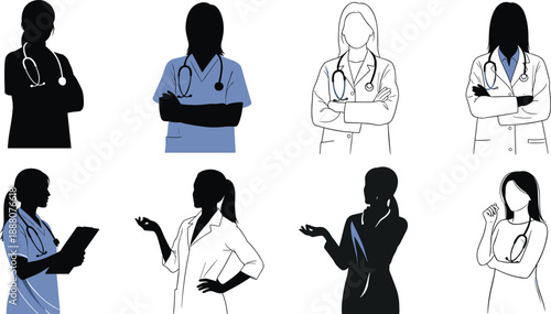Black and white vector illustration of female medical professionals in lab coats and scrubs with stethoscopes, depicted in diverse healthcare roles and artistic styles.