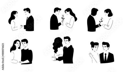 Romantic couples in love holding hands and flowers vector illustration set