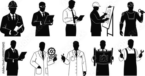 Black and white vector illustration of diverse STEM professionals including engineers, scientists, and technicians engaged in technical, planning, and scientific activities across industrial roles.