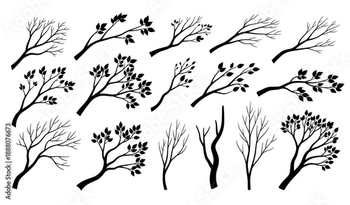 Black tree branch silhouettes with and without leaves on gray background vector set