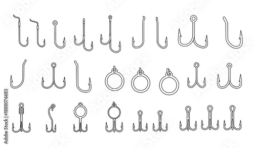Minimal black outline fishing hook icons in multiple sizes vector illustration