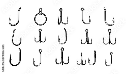Fishing hook silhouette vector set with different shapes and sizes for angling