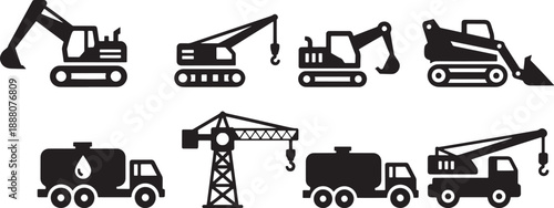 Construction Vehicle Icon Set, Excavators, Cranes, Tanker Trucks, and Loaders in Silhouette Style