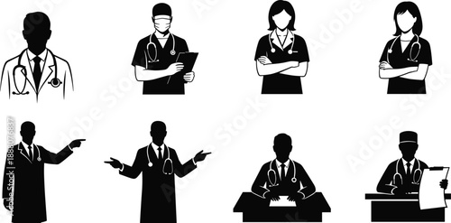 Black and white vector illustration of male and female medical professionals in lab coats with stethoscopes and clipboards posed in healthcare and diagnostic roles.