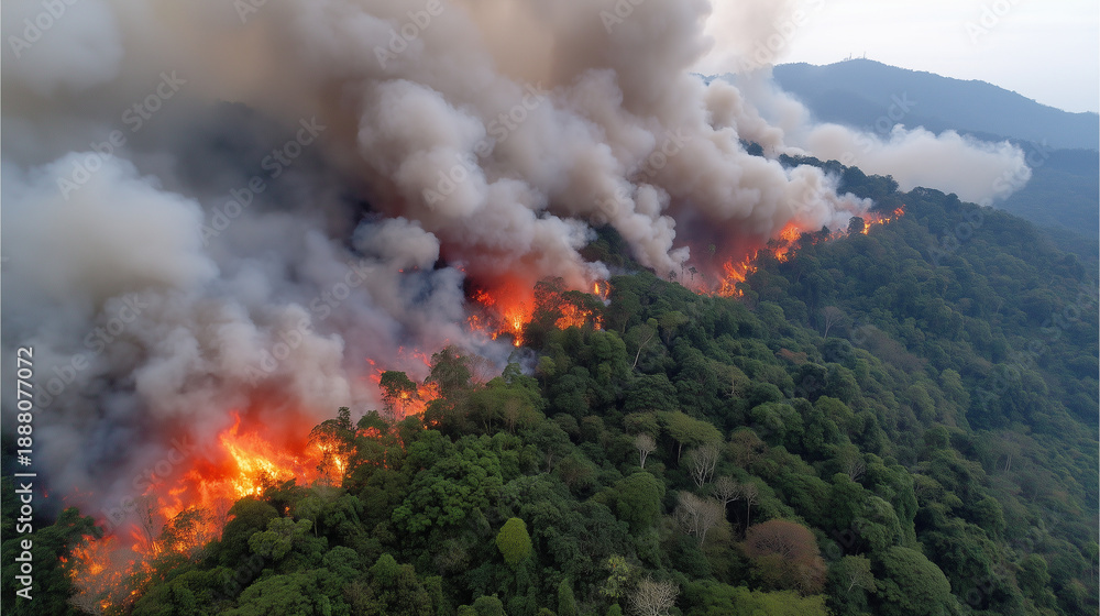Fototapeta premium Wildfire disaster in tropical forest caused by human activity, environmental emergency, jungle fire catastrophe, ecological crisis, forest destruction, natural habitat burning, cli