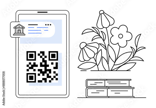 Online banking, education, digital payments, modern finance, sustainability, technology. Smartphone with QR code, flowers and books. Online banking and education concepts