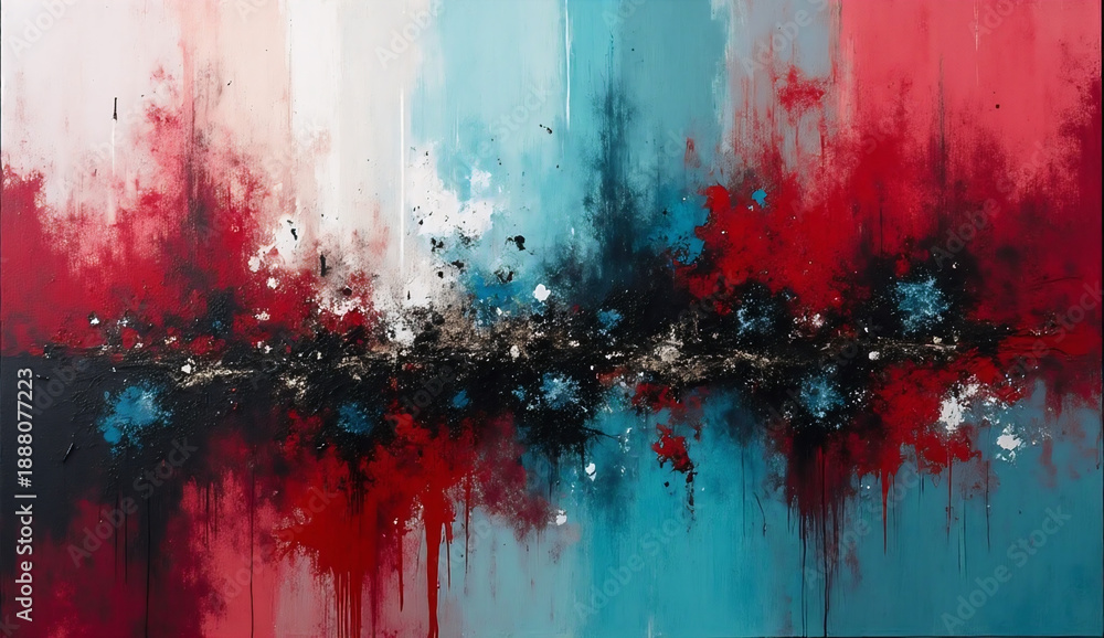 Fototapeta premium Abstract expressionist painting featuring vibrant red and teal contrast with a textured black horizon background.