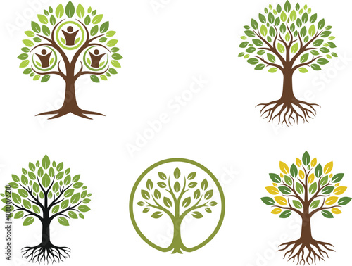 Tree of Life Logo Set with Roots Leaves and Human Icons for Nature Growth and Sustainability Concept