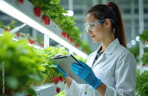 Woman scientist checks strawberry plants growth in vertical farm. Researcher uses clipboard for notes on crop yield in controlled agri tech lab. Female works on modern agriculture.