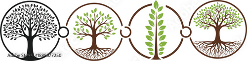 Tree of Life Logo Collection with Roots Leaves and Circular Frames for Nature Growth and Eco Branding Design