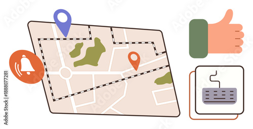 Navigation, location tracking, travel planning, user interaction, notifications, route optimization. Map with location pins, hand giving thumbs up bell and keyboard icon. Navigation and location