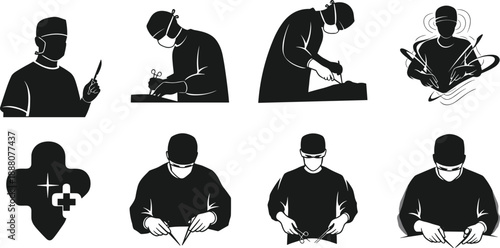 Black and white vector illustration of surgeons and patients in various surgical scenes showing precision, teamwork, and medical care across healthcare operations and procedures.