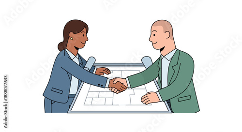 Strategic B2B Partnership Finalized: Diverse Professionals Shaking Hands Over Architectural Development Plans