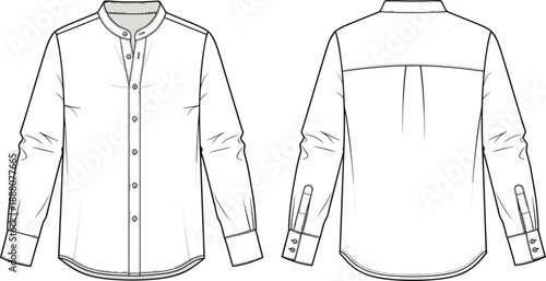 Men long sleeve shirt technical flat drawing, front and back views with band collar, apparel fashion CAD sketch vector illustration isolated on white