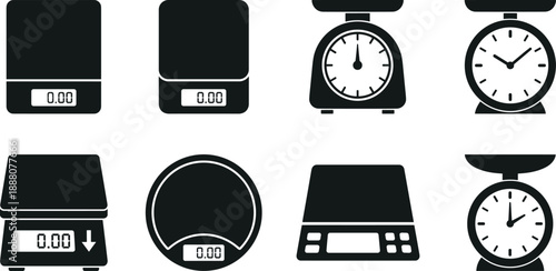 Kitchen scale icon set, digital and analog weighing devices, measurement tools for cooking baking, black white flat vector illustration design