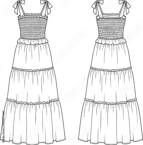 Maxi dress cad drawing flat vector illustration, front and back view technical apparel outline, tiered skirt sundress with bow straps design, fashion manufacturing blueprint