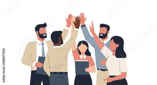 High-Fiving Corporate Team Celebrating Major Business Success and Diverse Project Unity