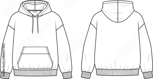 Hoodie cad drawing flat vector illustration, front and back view technical apparel outline, classic pullover sweatshirt with hood and pocket, fashion manufacturing blueprint