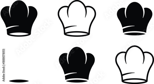 Chef hat icon set, cooking toque symbols, restaurant kitchen apparel, black white silhouette and outline vector illustration collection design pack