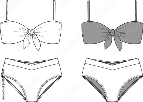 Bikini swimsuit cad drawing flat vector illustration, bandeau top with bow and classic bottom, front view technical swimwear outline, fashion manufacturing blueprint