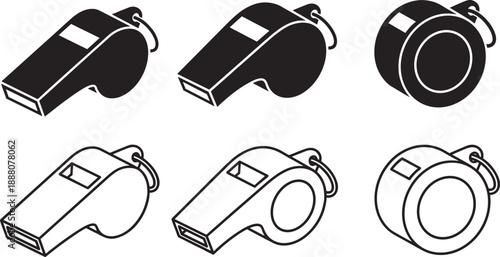 Whistle icon set, sport referee whistle, emergency signal tool, flat and outline style, black white vector illustration collection