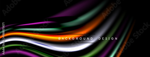 Abstract flowing lines create dynamic background. Vivid colors blend, forming modern design element. Dark backdrop enhances visual impact.