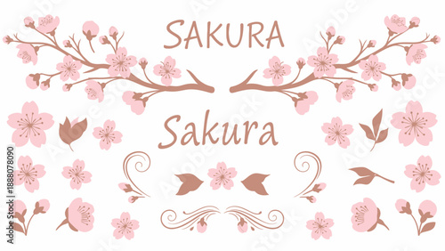 Sakura Cherry Blossom Branch Elements, Pink Flowers and Leaves Vector Set