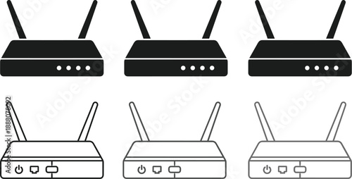 Wireless internet router icon set featuring black silhouettes and linear outlines for wifi connection networking and technology vector design projects